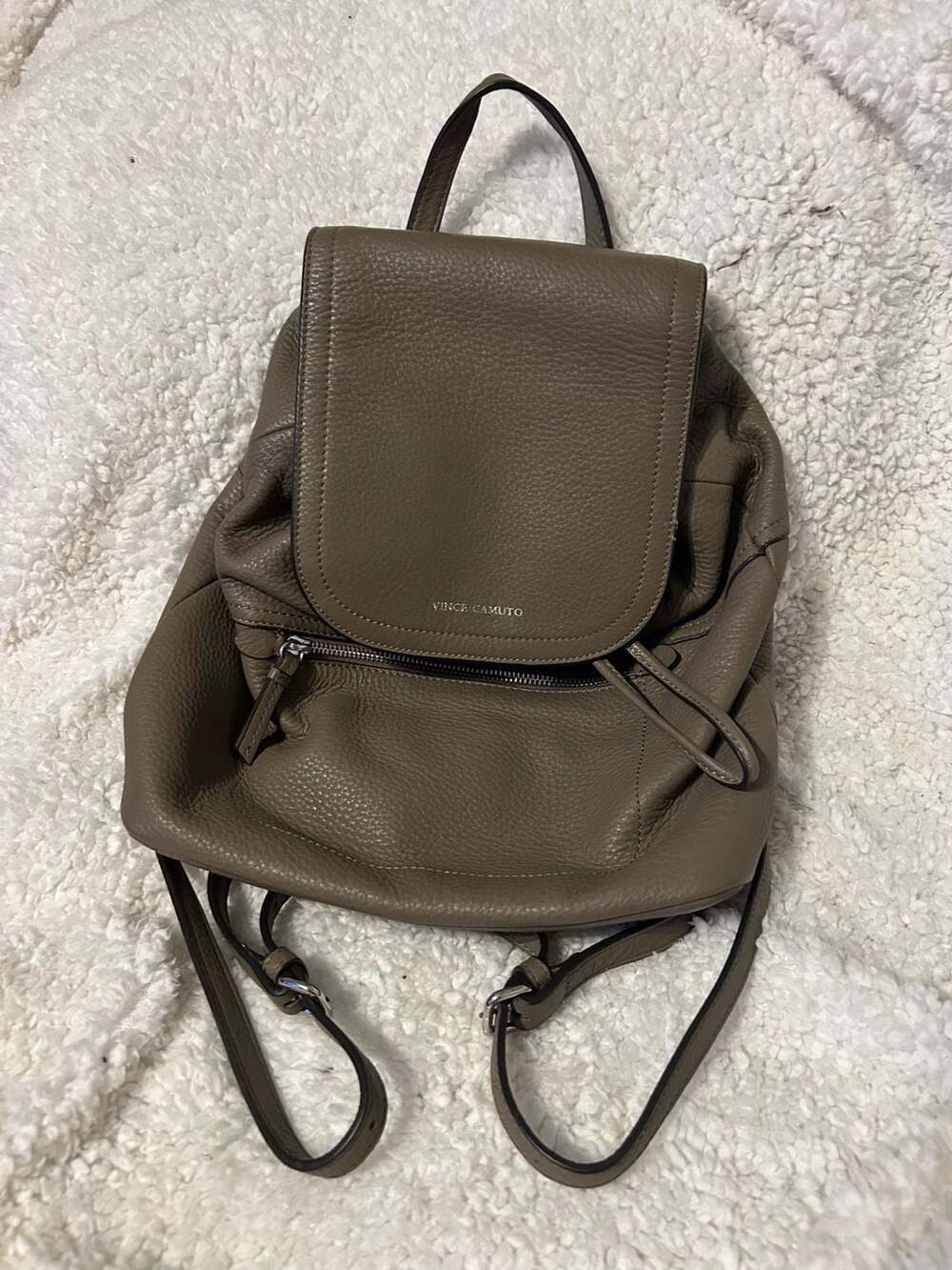 Vince Camuto Olive Pebble Leather Fold-Over Flap Drawstring Backpack